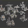 Cartoon Scene With Mechanical Building Models Various Shapes Structures Chimneys Antennas And Pipes