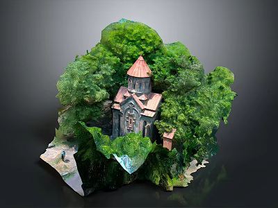 Ancient Church with Red Spire Surrounded by Lush Green Vegetation on Rocky Hillside 3d model