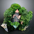 Ancient Church with Red Spire Surrounded by Lush Green Vegetation on Rocky Hillside