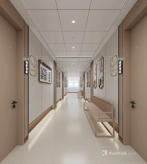Modern Elevator Hallway With Decorative Paintings Wooden Bench And Bright Lighting Fixtures 3d model 