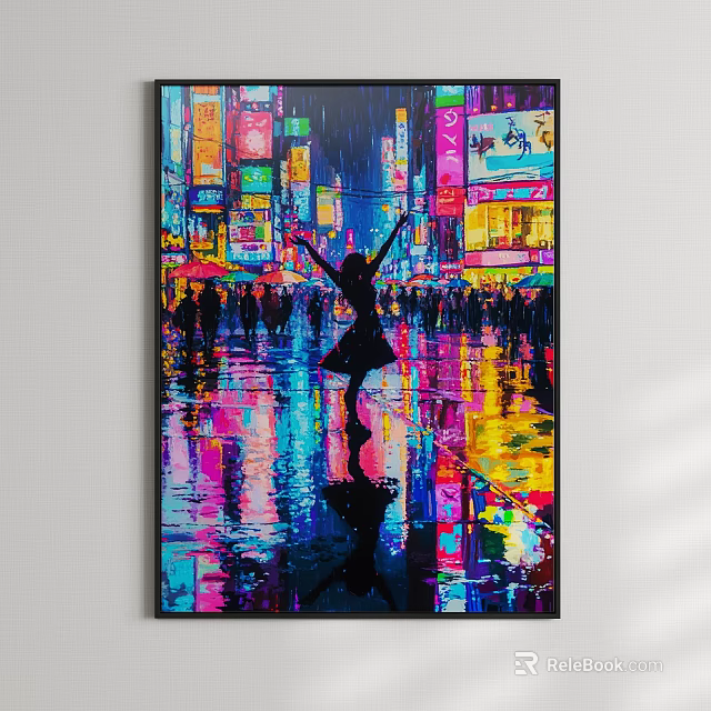 Abstract Painting of Dancing Figure in Rainy City Street With Neon Signs and Vibrant Reflections 3d model 