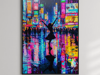Abstract Painting of Dancing Figure in Rainy City Street With Neon Signs and Vibrant Reflections 3d model