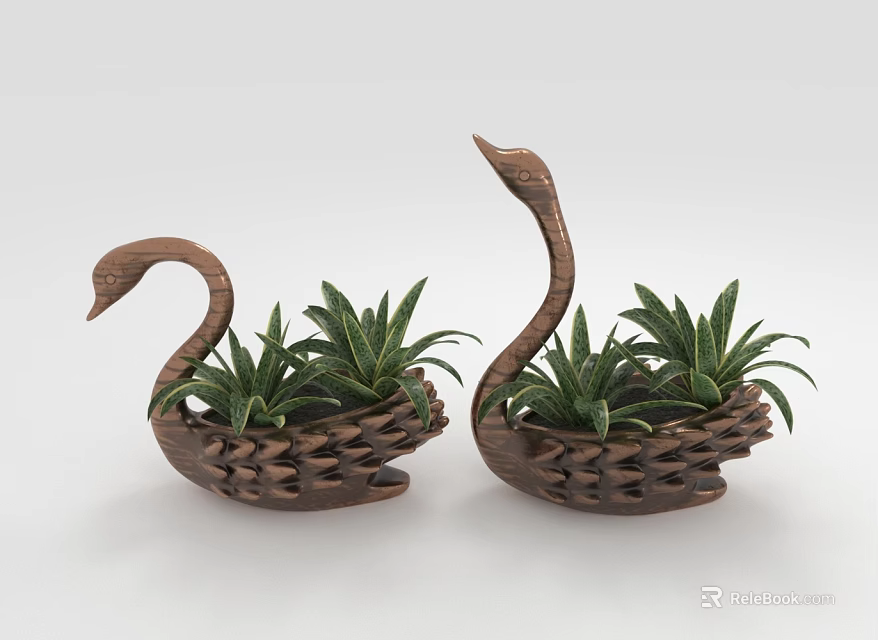 Healthy Green Succulent Plants in Swan Shaped Woven Planters 3d model 