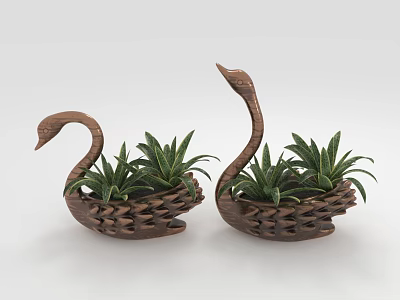 Healthy Green Succulent Plants in Swan Shaped Woven Planters 3d model