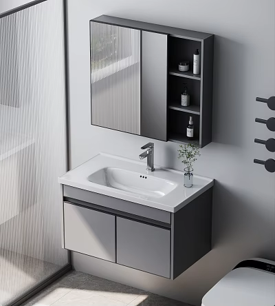 Minimalist Bathroom Vanity with White Ceramic Sink Countertop Cabinet Mirror Wall Shelf Faucet and Plant 3d model
