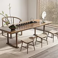 Natural Wooden Tea Table and Chairs With Green Plant Tea Set And Bamboo Blinds