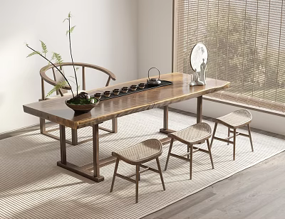 Natural Wooden Tea Table and Chairs With Green Plant Tea Set And Bamboo Blinds 3d model