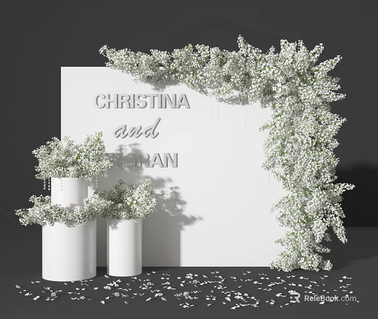 Elegant White Ceramic Vases With Fresh White Floral Blooms And Scattered Petals 3d model 