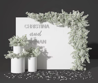 Elegant White Ceramic Vases With Fresh White Floral Blooms And Scattered Petals 3d model