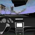 Car Interior With Steering Wheel Dashboard Navigation Screen And Road View Through Windshield