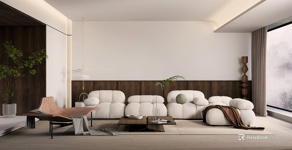 Modern Living Room Interior With White Sofa Wooden Accent Wall Coffee Table And Green Plant 3d model 