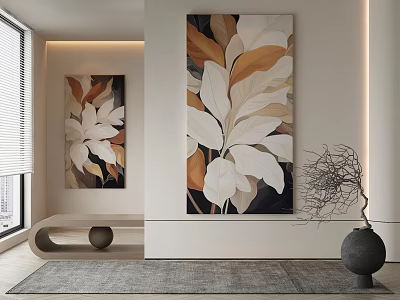 Modern Abstract Painting With White Brown Orange Leaves For Interior Wall Decor 3d model