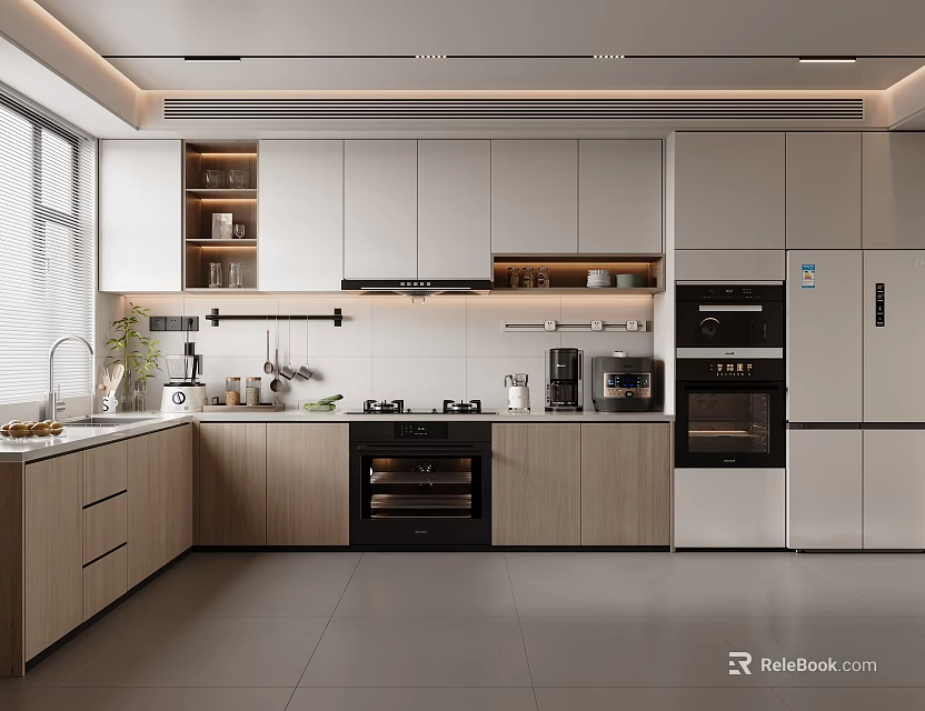 Modern Kitchen Interior Design With White And Wooden Cabinets Built-in Appliances Countertop And Natural Light 3d model 