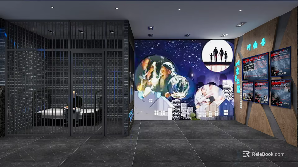 Modern Exhibition Hall Interior With Wall Art Silhouette Figures And Earth Elements 3d model 