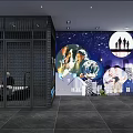 Modern Exhibition Hall Interior With Wall Art Silhouette Figures And Earth Elements