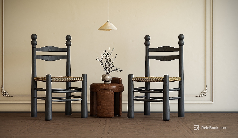 Rustic Wooden Single Chair with Woven Seat and Decorative Knobs by Side Table with Plant 3d model 