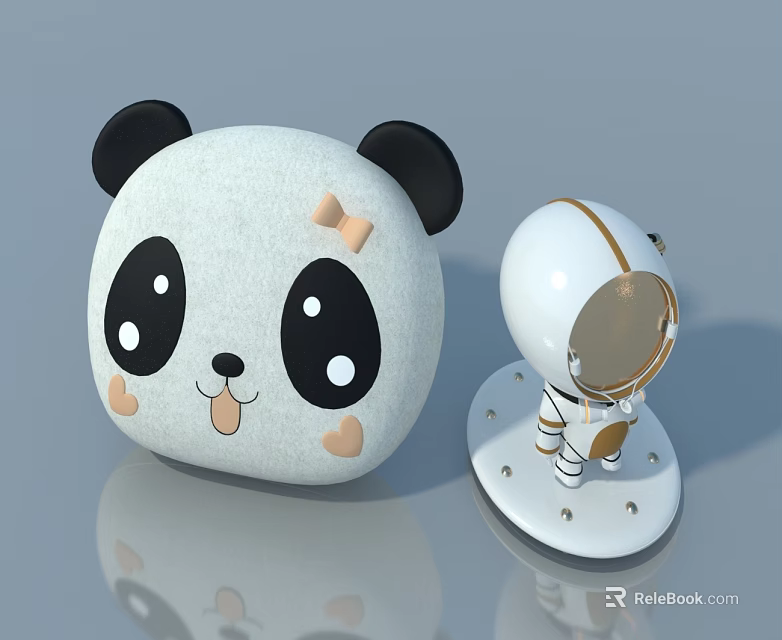 Cute Panda Stuffed Toy With Black Ears And Astronaut Figurine Decoration 3d model 