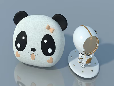 Cute Panda Stuffed Toy With Black Ears And Astronaut Figurine Decoration 3d model