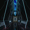 Futuristic Elevator Corridor With Blue LED Lighting Geometric Structures And Modern Design