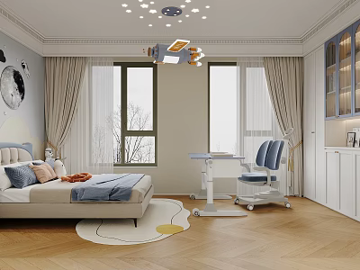 Cozy Kids' Room Interior Design With Bed Desk Chair Windows Curtains And Wooden Floor 3d model