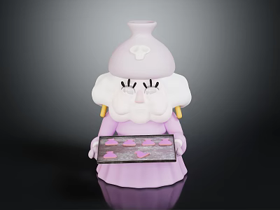 Adorable Pink Creature Character With White Hair Wearing Hat Holding Baking Tray Of Pink Desserts 3d model