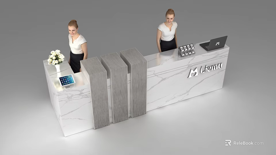 Modern Reception Desk With Marble Two Female Receptionists Laptop Tablet And Flower Arrangement Mlemu Logo 3d model 