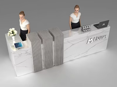 Modern Reception Desk With Marble Two Female Receptionists Laptop Tablet And Flower Arrangement Mlemu Logo 3d model