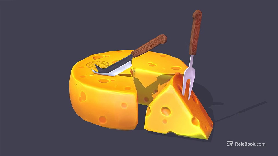 Delicious Yellow Cheese Wheel with Knife Fork and Sliced Piece on Dark Background 3d model 