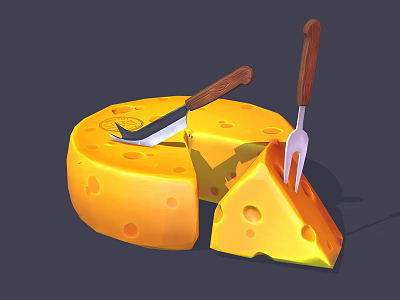 Delicious Yellow Cheese Wheel with Knife Fork and Sliced Piece on Dark Background 3d model
