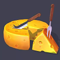 Delicious Yellow Cheese Wheel with Knife Fork and Sliced Piece on Dark Background