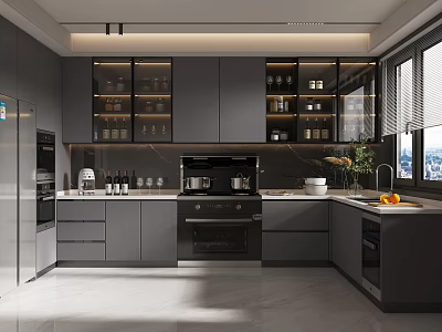 Modern Gray Kitchen Interior Design With Glass Door Cabinets And Stainless Steel Appliances 3d model