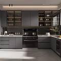 Modern Gray Kitchen Interior Design With Glass Door Cabinets And Stainless Steel Appliances