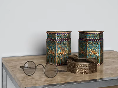Decorative Ornament Set With Colorful Crane Pattern Jars Metal Box And Eyeglasses On Wooden Table 3d model