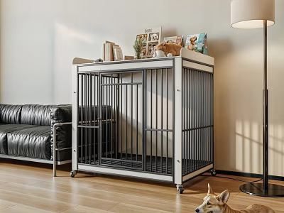 Sturdy Metal Pet Cage on Wooden Floor with Decor Items and Corgi in Living Room 3d model