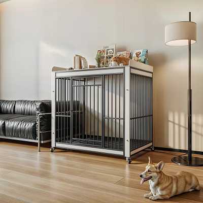 Sturdy Metal Pet Cage on Wooden Floor with Decor Items and Corgi in Living Room 3d model