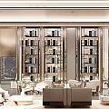 Modern Lounge Area With Plush Sofas Wooden Bookshelves And Warm Lighting