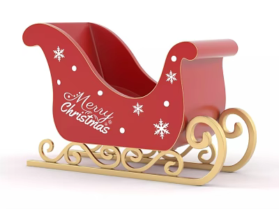 Red Christmas Sleigh With White Snowflakes And Merry Christmas Text And Golden Decorations 3d model