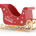 Red Christmas Sleigh With White Snowflakes And Merry Christmas Text And Golden Decorations