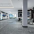 Spacious Modern Exhibition Hall Interior Featuring Gray Marble Floor Sofas And Display Walls 3d model