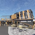 Modern Bubble Tea Shop Exterior With Outdoor Seating Night View And Wooden Accents Lighting