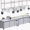 Modern Kitchen Setup With Hanging Cookware Countertop And Rolling Cabinets 3d model