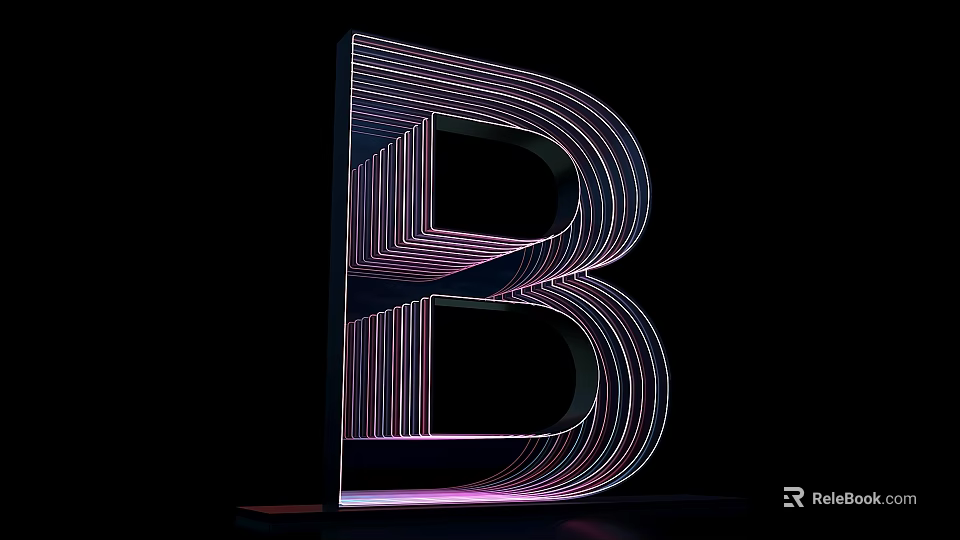 Illuminated 3D Letter B With Neon Striped Design Purple Blue Glow On Black Background 3d model 