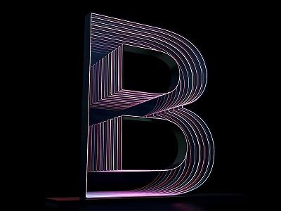Illuminated 3D Letter B With Neon Striped Design Purple Blue Glow On Black Background 3d model