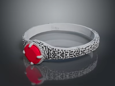 Intricate Silver Bracelet With Black Decorative Patterns And Red Central Stone 3d model
