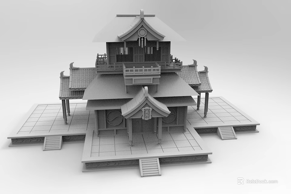 Cartoon Scene of Japanese Traditional Building With Multiple Roofs Eaves and Platform Steps 3d model 