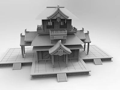 Cartoon Scene of Japanese Traditional Building With Multiple Roofs Eaves and Platform Steps 3d model