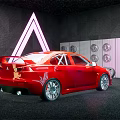 Red Sports Car Displayed With White Neon Triangle Light In Dark Background