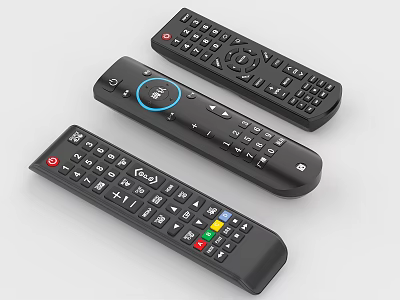 Three Black Remote Controls With Various Buttons And Functional Design Features 3d model