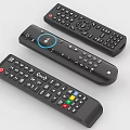 Three Black Remote Controls With Various Buttons And Functional Design Features 3d model