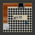 Kitchen Interior With Wooden Cabinets Stainless Steel Refrigerator Island And Black White Checkered Floor